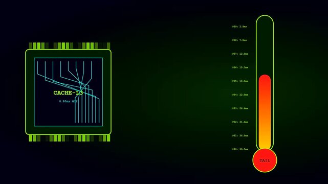Compute latency is visualized through digital processors and rising thermal gauge bars as performance metrics change across three distinct stages of system processing and data analysis
