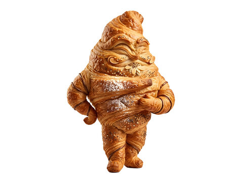 A whimsical croissant shaped like a walking person with a flower creative food art on a black background
