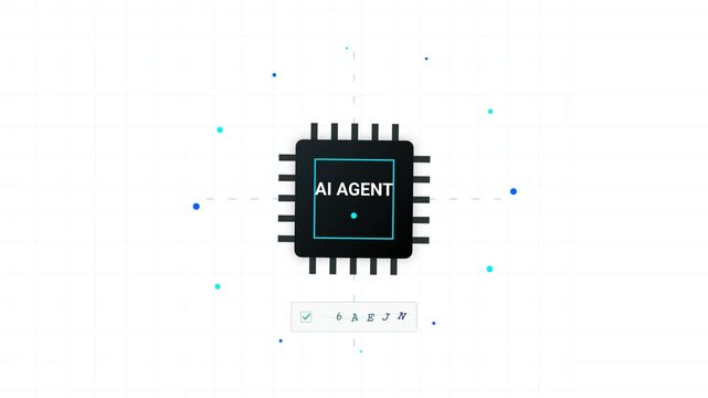 Artificial Intelligence Agent Processor Chip Animation with Captcha Code and Check Mark in White Background 