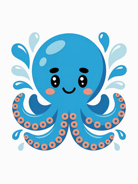 A cheerful blue octopus illustration with water splashes on a white background.