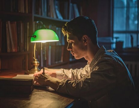 Young man writing in a notebook at desk with green bankers lamp in a dimly lit library atmosphere, focused study session, intellectual research