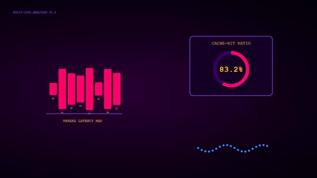 Compute latency is visualized in this sequence of glowing digital bar graphs and circular gauges flickering on a dark purple screen during a simulated system analysis