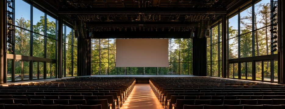 Auditorium with large windows framing a sunlit forest