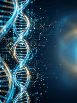 Glowing DNA double helix structure with digital circuit network. Abstract background representing biotechnology and genetic engineering. Future science medical data visualization concept.