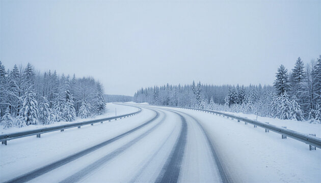 Snow-covered highway exit ramp in winter landscape with trees
