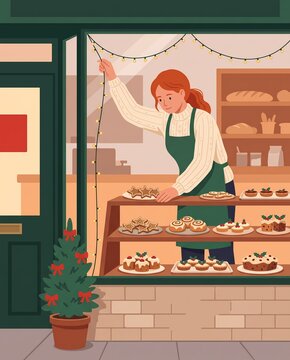 female bakery owner decorating shop window with lights and festive pastries flat illustration - ai generated