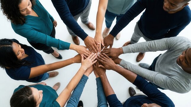 Diverse community members showing team spirit and cohesion through joined hands.