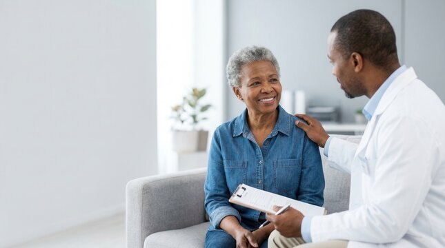 A professional doctor talking with an elderly African patient in a clinical setting.