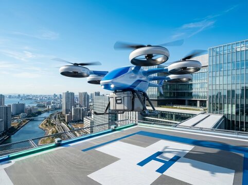 Drone delivering parcel above skyscraper helipad. Autonomous aircraft carrying package in urban city. Logistics technology, futuristic delivery and modern aerial transport concept.