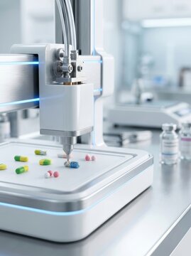 Automated 3D printer manufacturing medical pill in laboratory. Robotic device creating pharmaceutical medicine. Innovation in healthcare technology, drug development and science research process.
