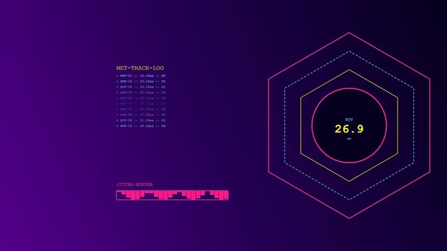 Compute latency is visualized through these digital monitoring interfaces featuring animated geometric shapes and scrolling server network diagnostic logs in a dark blue purple glowing environment