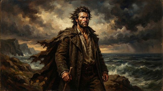 Romanticism Style Oil Painting Portrait of Heroic Man with Windswept Hair Determined Gaze Stormy Sky Background Turbulent Lighting Museum Quality Artwork