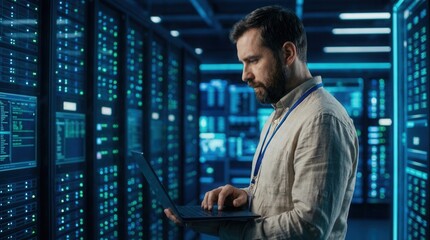 Fototapeta premium Engineer servicing server clusters with high computing power for artificial intelligence and machine learning workloads in a hyperscale data center