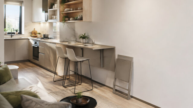 Modern kitchen dining integration with natural wood, marble countertop, bar stool, and warm daylight creating inviting interior scene