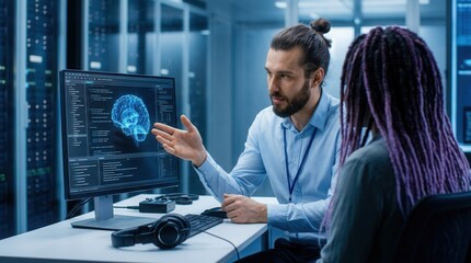 Fototapeta premium Data center programmers collaborating and working on neural networks AI databases.