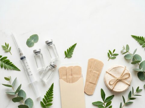 Syringe, medical vials, and bandage strips arranged with natural green leaves. Alternative medicine and natural healthcare concept. Flat lay composition on white background for health.