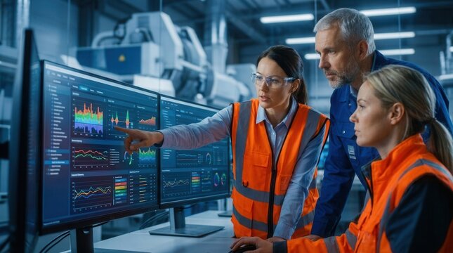 Engineers meeting with a maintenance operator in a modern SCADA room.