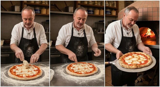 The process of making pizza. The cook shows the pizza that he got out of a wood-fired oven.