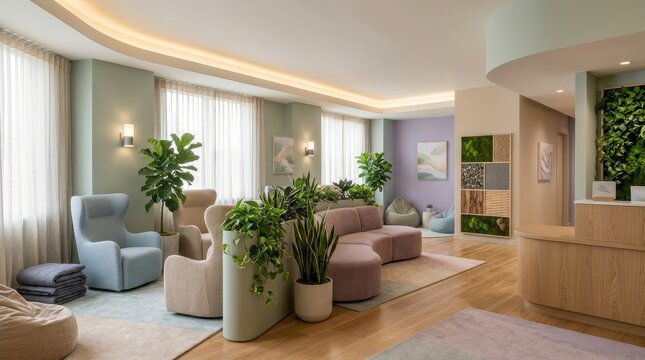 Modern medical clinic waiting room with comfortable armchairs and soft pastel decor. Biophilic interior design with indoor plant and natural light for patient relaxation and wellness.