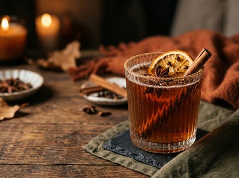 Glass of mulled cider decorated with cinnamon stick, star anise and orange slice on wooden table. Warm alcoholic autumn drink for holiday celebration. Cozy beverage, beverage concept.