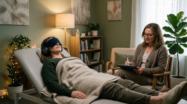 Woman in sleep mask and headphone lying on couch during therapy session with psychologist writing notes. Mental health treatment and relaxation technique in consulting room office.