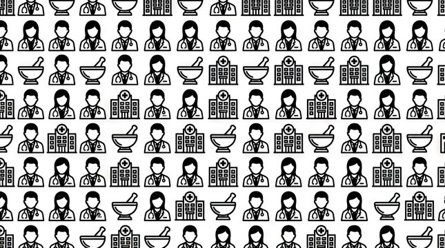 Healthcare seamless pattern with doctors and medical buildings