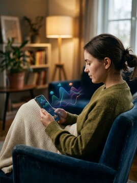 Woman looking at hologram weather forecast on smartphone. Augmented reality app with atmospheric data visualization. Innovative mobile technology for climate monitoring and prediction concept.