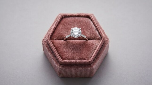 Macro shot of a luxury diamond engagement ring inside a dusty rose pink velvet hexagonal jewelry box