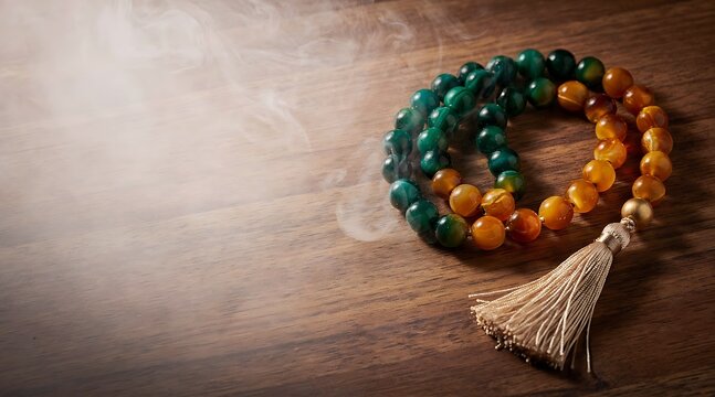 Traditional Islamic Prayer Beads Tasbih on Wooden Table with Incense Smoke for Meditation Concept