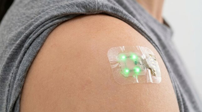 Woman wearing wearable medical biosensor patch on shoulder. Smart digital skin patch for health tracking and biometric data monitoring. Future portable healthcare device and technology.