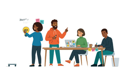 Obraz premium 2d FLAT MINIMALISM Diverse team collaborating on a business strategy with innovative ideas PNG Isolated on transparent background vector