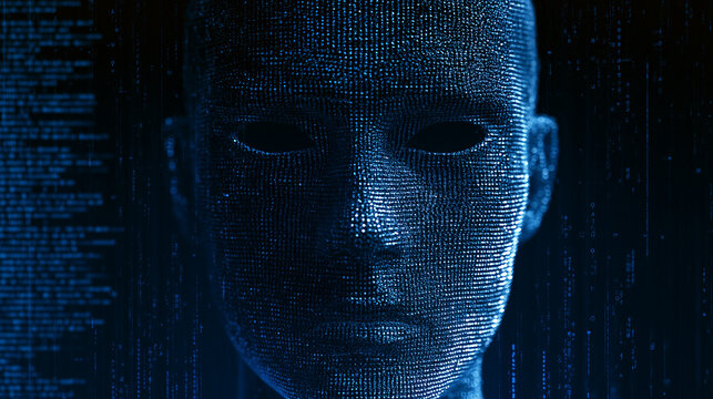 Abstract Digital Artificial Face Made of Glowing Blue Dots.