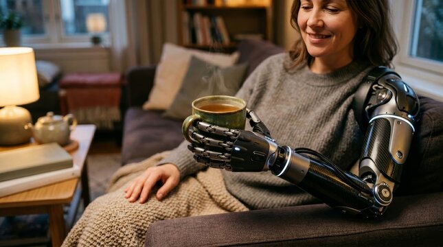 Woman with advanced robotic prosthetic arm holding a cup of hot tea at home. Future innovative medical bionic technology for physical disability integration and daily living comfort.