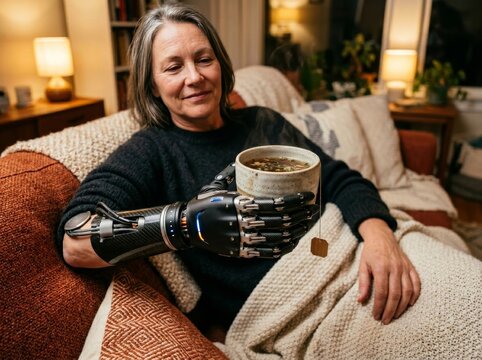 Woman with advanced prosthetic arm holding cup of tea while resting on couch at home. Bionic limb technology for daily assistance and rehabilitation. Modern medical innovation for patient.