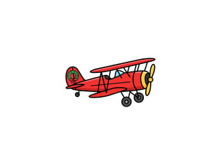 Red Vintage Biplane Ornament With Yellow Propeller And Festive Wreath Detail, Playful Cartoon Aviation Decoration For Holiday Cards And Retro Themed Designs Vector Illustration  © bayu