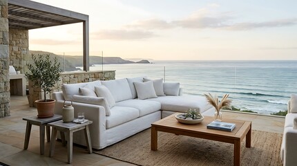 Fototapeta premium Luxury outdoor patio with sofa overlooking the ocean