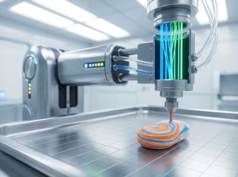 Robotic arm for food printing making a multi colored sweet snack. Advanced 3d printer creating automated meal inside laboratory. Innovative culinary technology and modern bakery equipment.