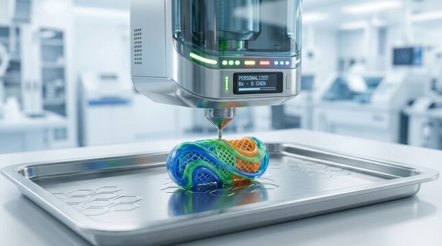 Industrial pharmaceutical 3D printer creating a complex multi-colored medical drug form. Advanced biochemistry manufacturing of personalized