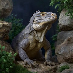Fototapeta premium A detailed side profile of an iguana perched on a rock in a naturalistic habitat, surrounded by stone formations and lush green foliage.