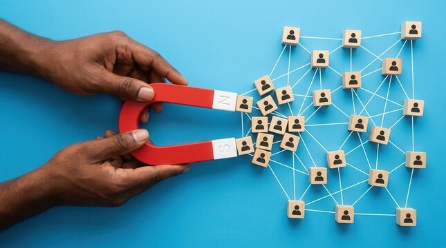 A red magnet pulling wooden blocks with person icons for customer generation.