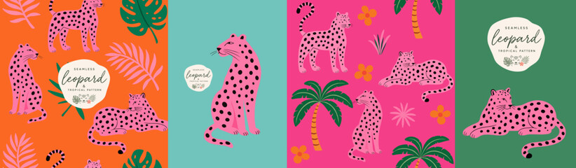 Fototapeta premium Seamless tropical pattern with a pink leopard. Vector modern trendy playful illustration of a panther, palm, leaf, monstera and spotted cat for background, poster, fabric, wrapping and wallpaper.