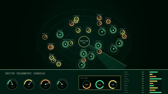 A digital collaboration invite is displayed on these dark green screens showing glowing radar nodes and circular graphical meters within a futuristic control center interface