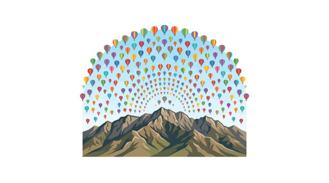 Hot Air Balloon Rainbow Arch Mountain Vector Illustration