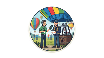 Naklejka premium Reporter Interviewing Hot Air Balloon Pilot Vector Illustration