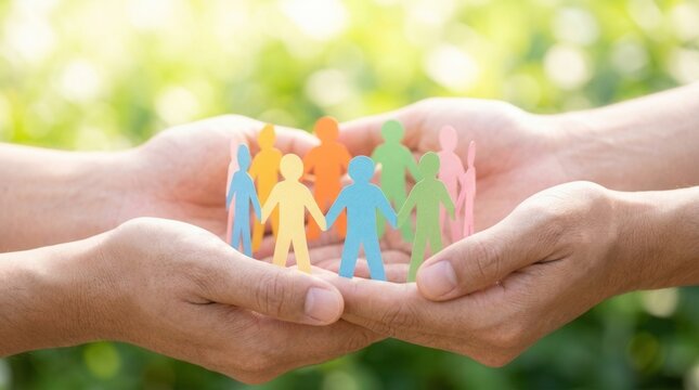 Human hands supporting a group of colorful paper people for diversity and inclusion.