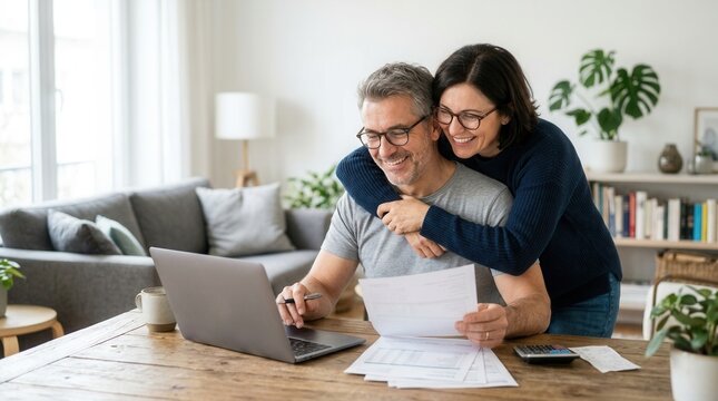Mature couple reviewing financial documents and planning a family budget at home.