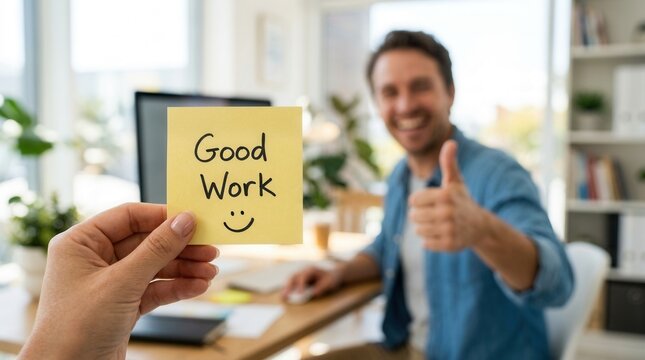 Hand holding a yellow sticky note with a Good Work message and smiley face.