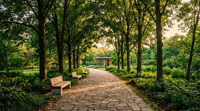 Stone pathway through a lush green park with trees and benches