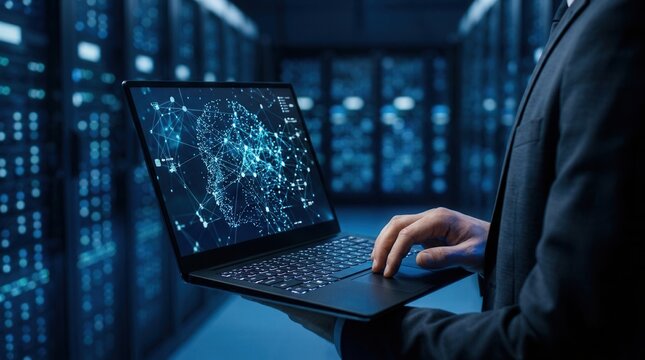 Server hub specialist analyzing system logs with an artificial intelligence model on a notebook.
