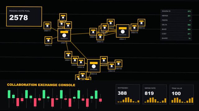 A digital collaboration invite shown on a dark computer monitor displaying interconnected network nodes with live flow statistics and fluctuating numeric data in a virtual space